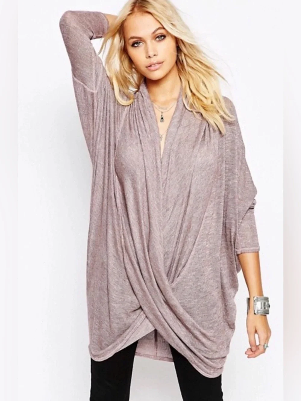 Free People Sheila Hacci Top Drapey Wrap Front Soft Stretch Knit Dolman Sleeve S